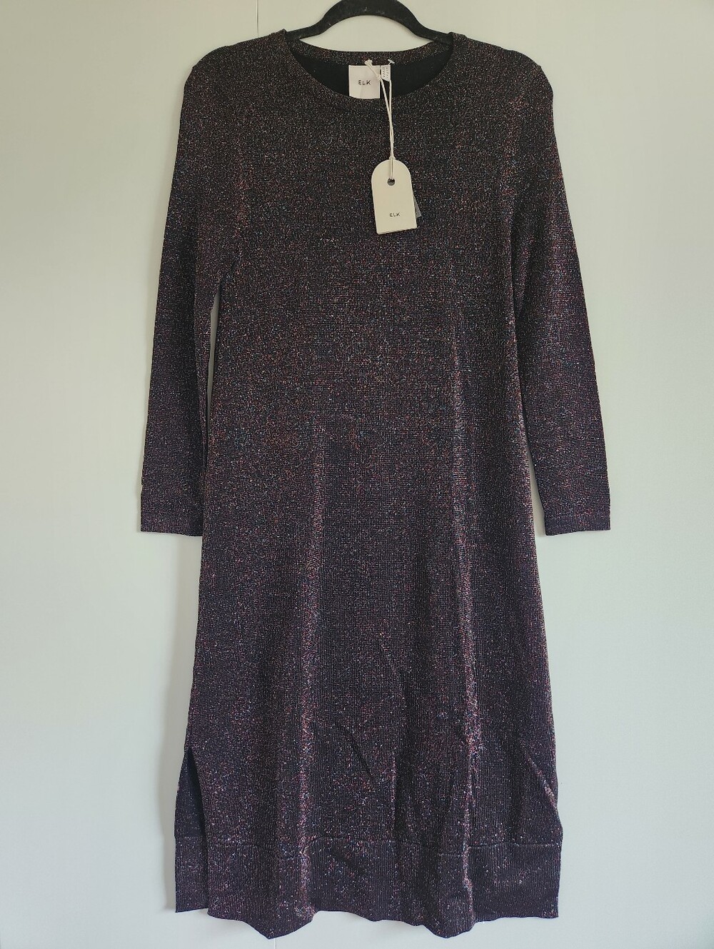 ELK NWT Metallic Knit Midi Dress Long Sleeve Shimmer A-Line Size Small